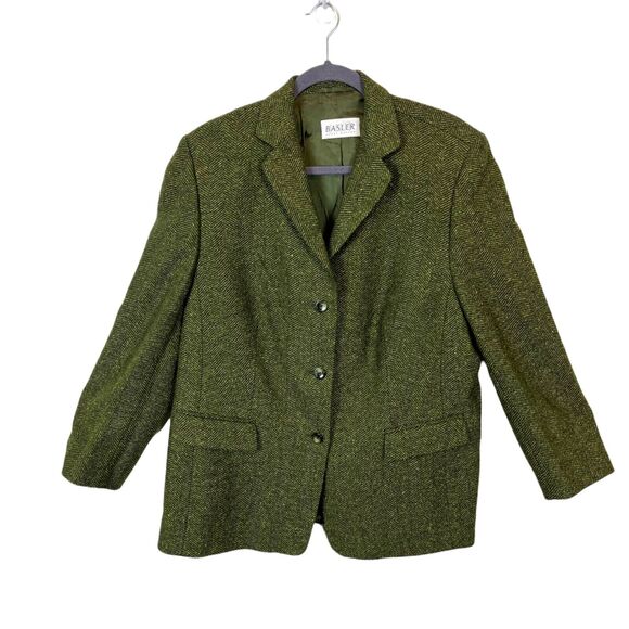 Basler Blazer Vintage Green Herringbone Tweed Retro Sz 46 or 1X Women's 3 Button